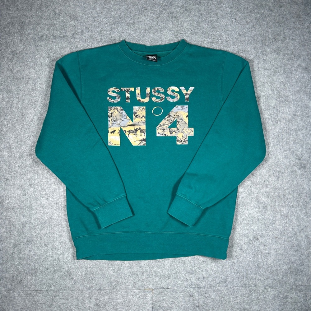 Stussy Sweatshirt Mens Medium Teal Safari Graphic Streetwear Pullover Crewneck